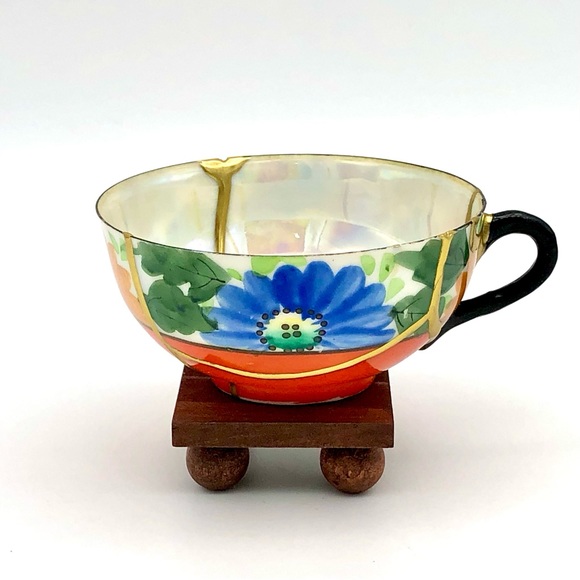 Retro Floral Teacup Kintsugi Eggshell Gold Crack Vtg MCM Japanese Growth Gift - Picture 6 of 16